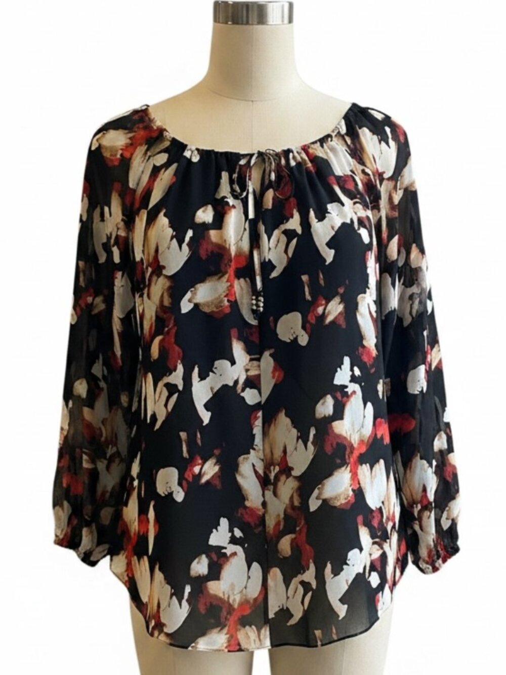 White‎ House Black Market Lined Floral Chiffon Top Sz 10 Black Multi #59N